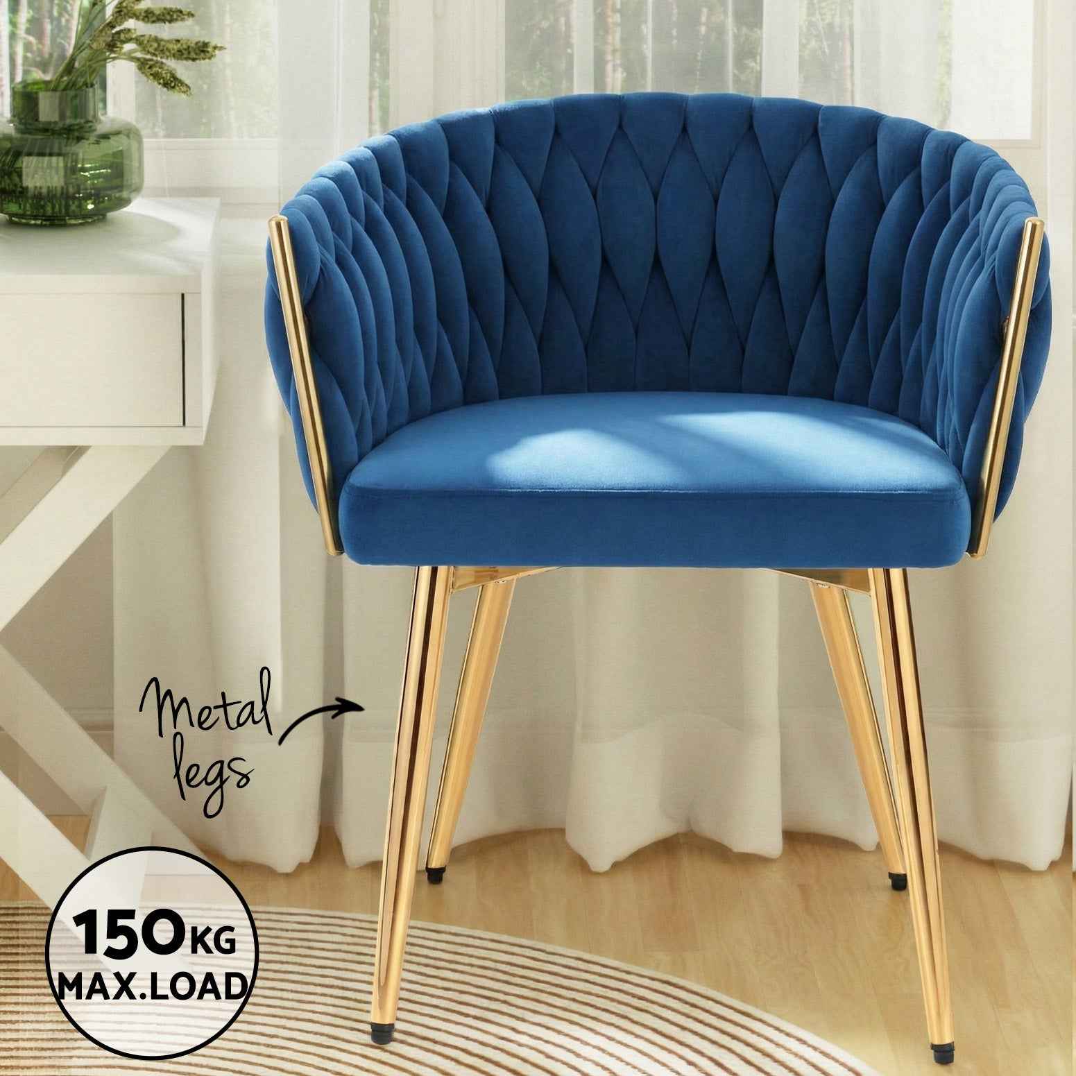 1 Set of 4 Artiss Dining Chairs Velvet Weaving Armchair Blue