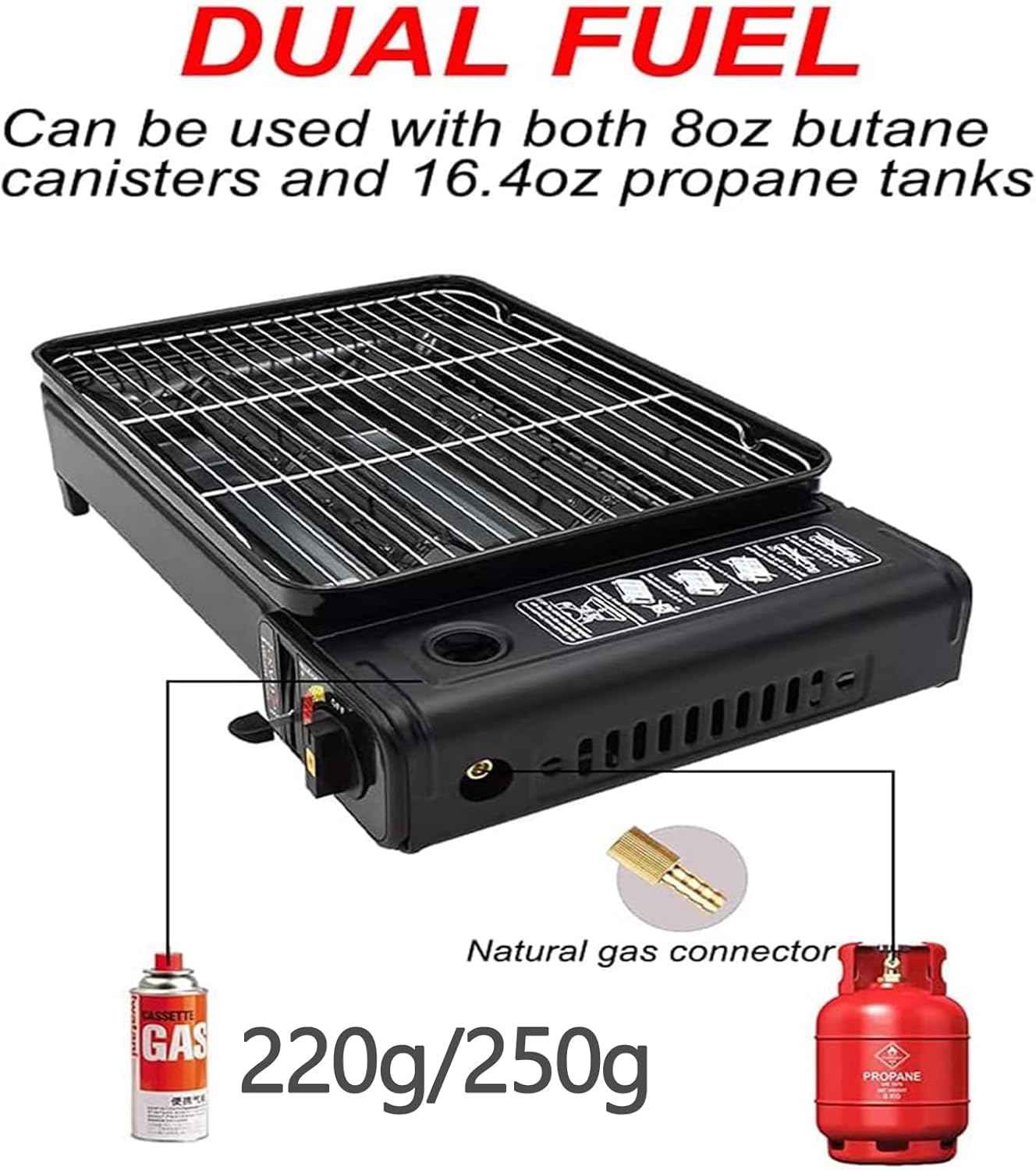 Portable Gas Grill with Removable Grate & Carry Case – Dual Fuel Outdoor Stove for Camping, Backyard BBQs & Beach Picnics (Black)