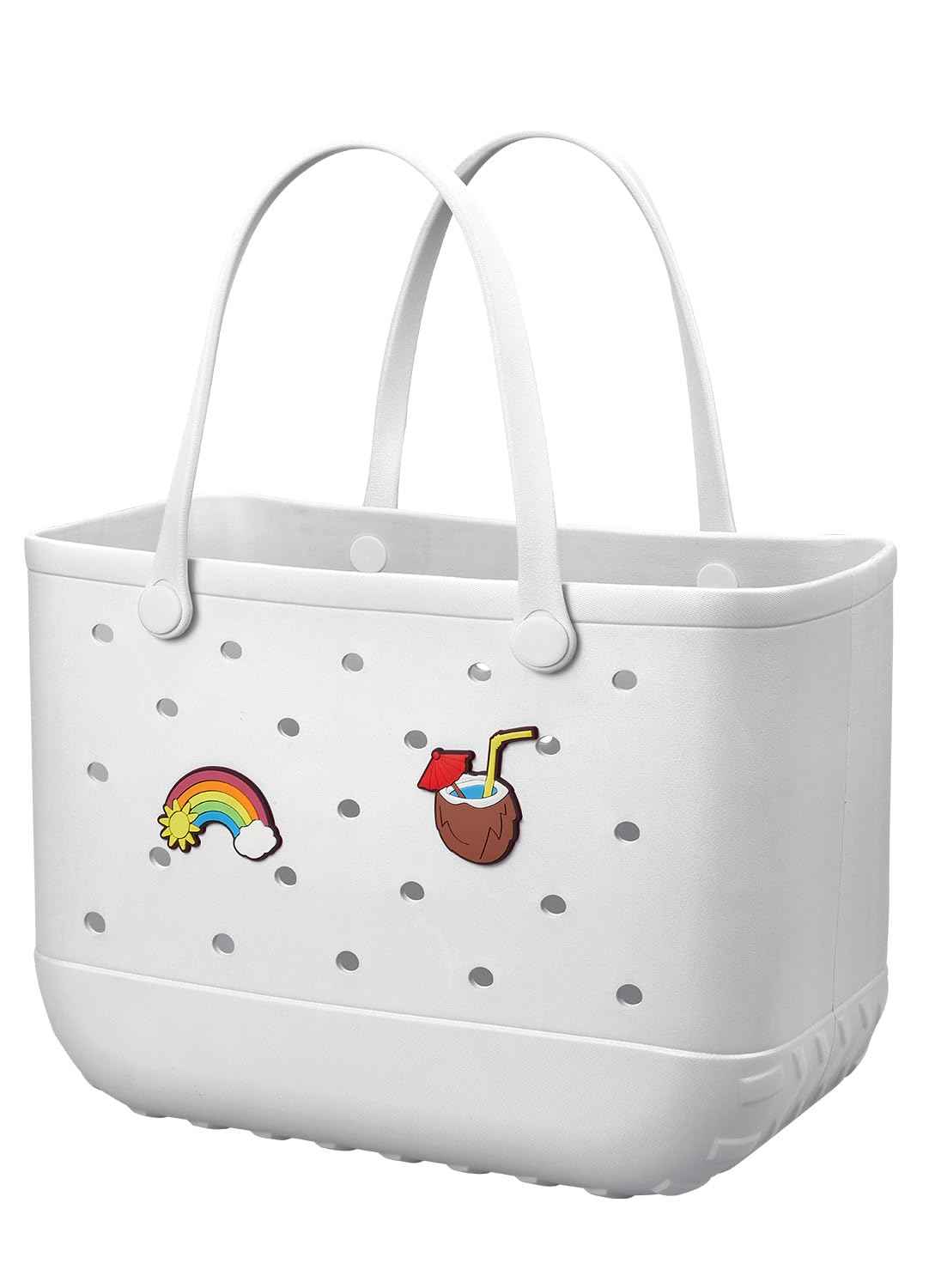 EVA Beach Tote Bag for Swimming, Pool & Travel – Waterproof Washable Rubber Handbag with 2 Random Charms, Lightweight & Sand-Resistant (White)  | Other Colors Available in Store