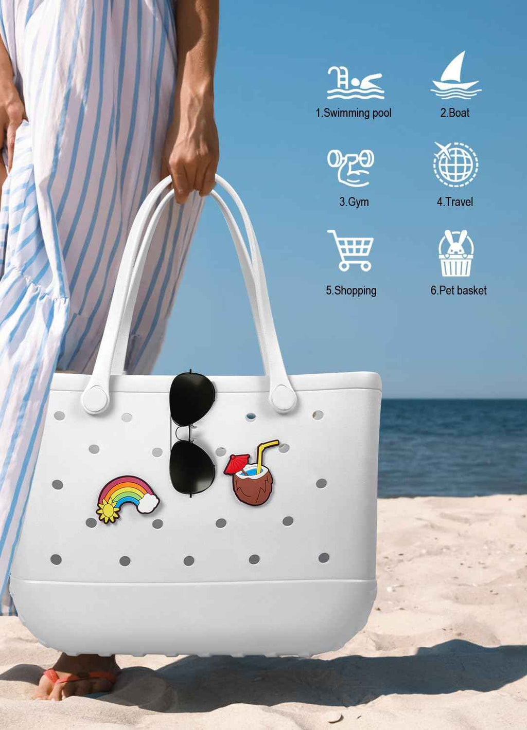 EVA Beach Tote Bag for Swimming, Pool & Travel – Waterproof Washable Rubber Handbag with 2 Random Charms, Lightweight & Sand-Resistant (White)  | Other Colors Available in Store