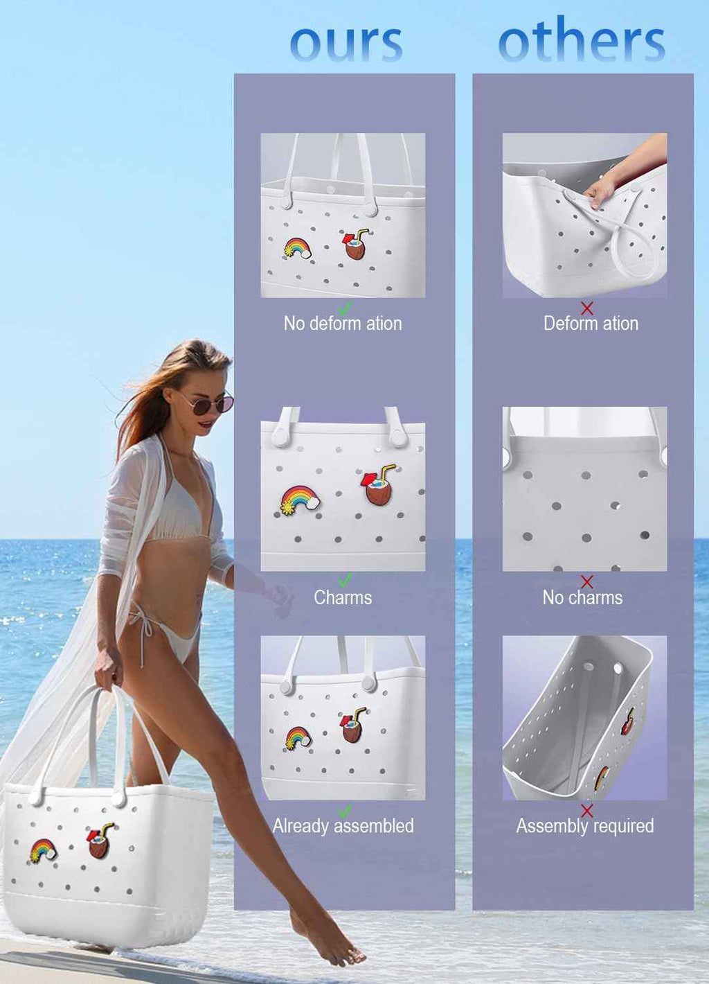 EVA Beach Tote Bag for Swimming, Pool & Travel – Waterproof Washable Rubber Handbag with 2 Random Charms, Lightweight & Sand-Resistant (White)  | Other Colors Available in Store