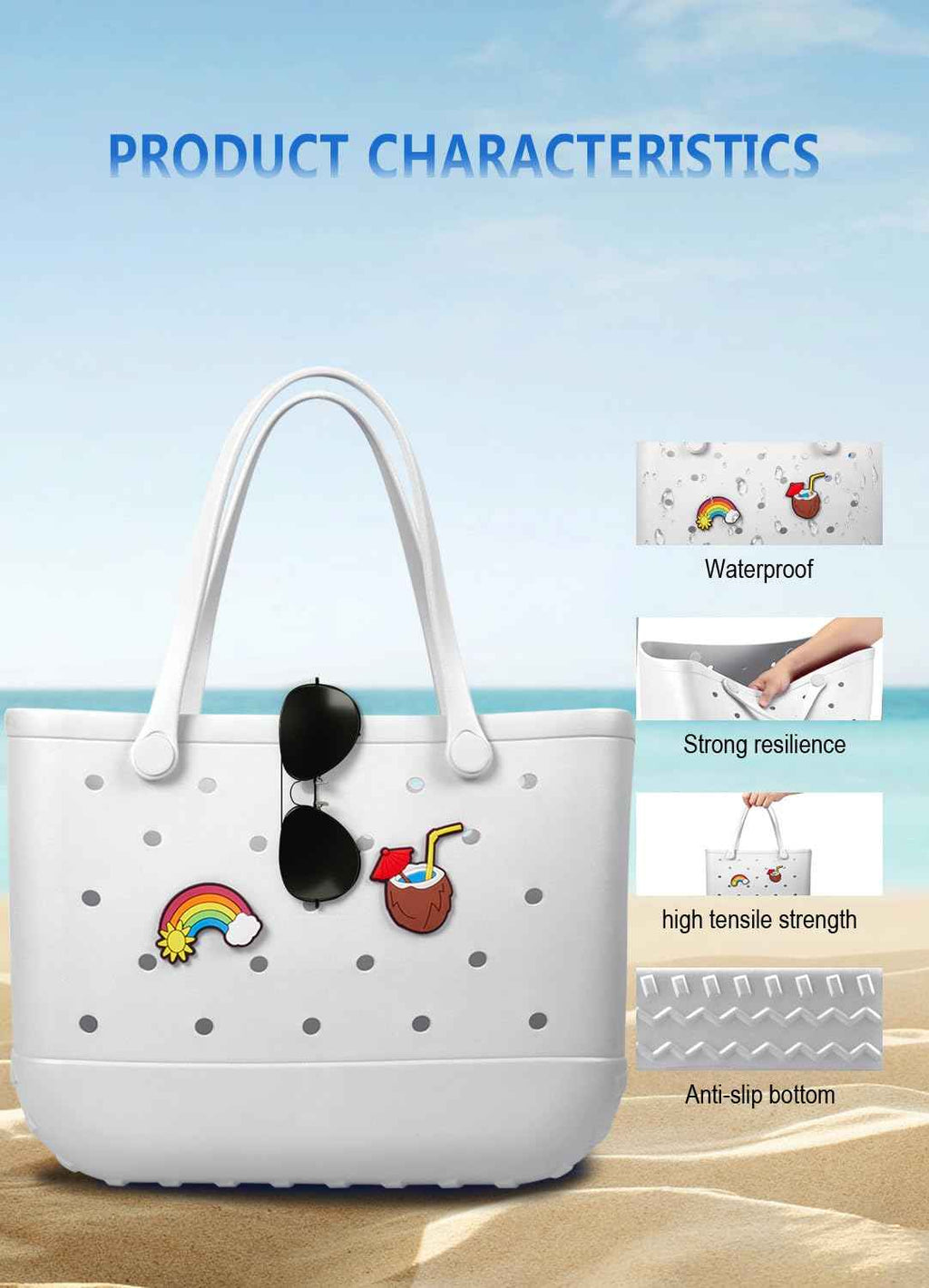 EVA Beach Tote Bag for Swimming, Pool & Travel – Waterproof Washable Rubber Handbag with 2 Random Charms, Lightweight & Sand-Resistant (White)  | Other Colors Available in Store