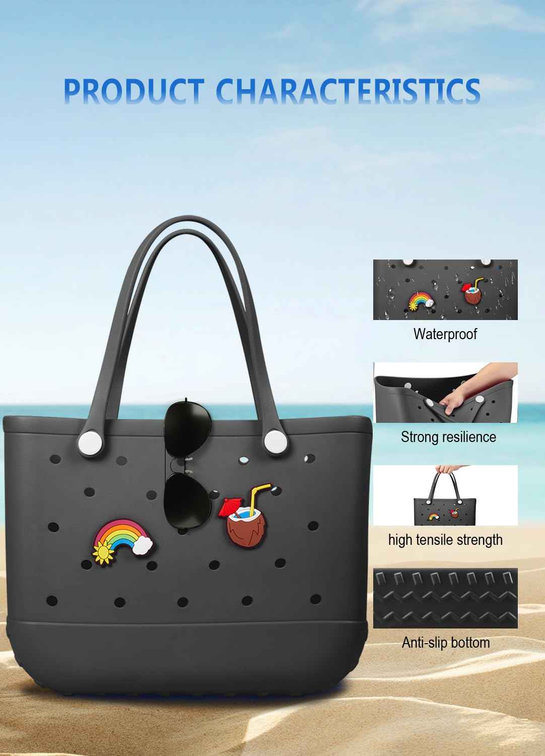 EVA Beach Tote Bag for Swimming, Pool & Travel – Waterproof Washable Rubber Handbag with 2 Random Charms, Lightweight & Sand-Resistant (Black) | Other Colors Available in Store