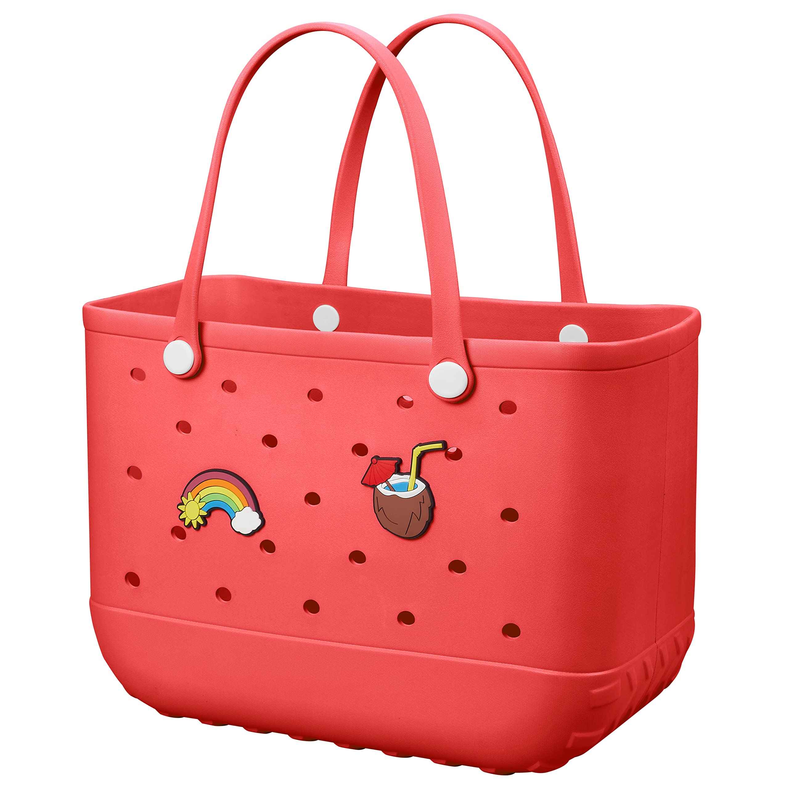 EVA Beach Tote Bag for Swimming, Pool & Travel – Waterproof Washable Rubber Handbag with 2 Random Charms, Lightweight & Sand-Resistant (Red)  | Other Colors Available in Store