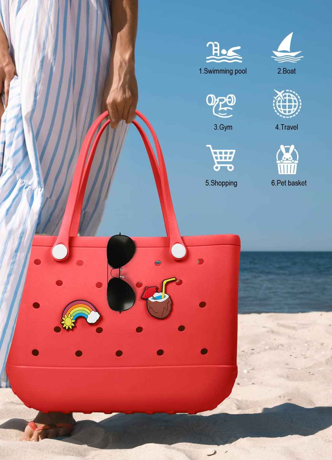 EVA Beach Tote Bag for Swimming, Pool & Travel – Waterproof Washable Rubber Handbag with 2 Random Charms, Lightweight & Sand-Resistant (Red)  | Other Colors Available in Store