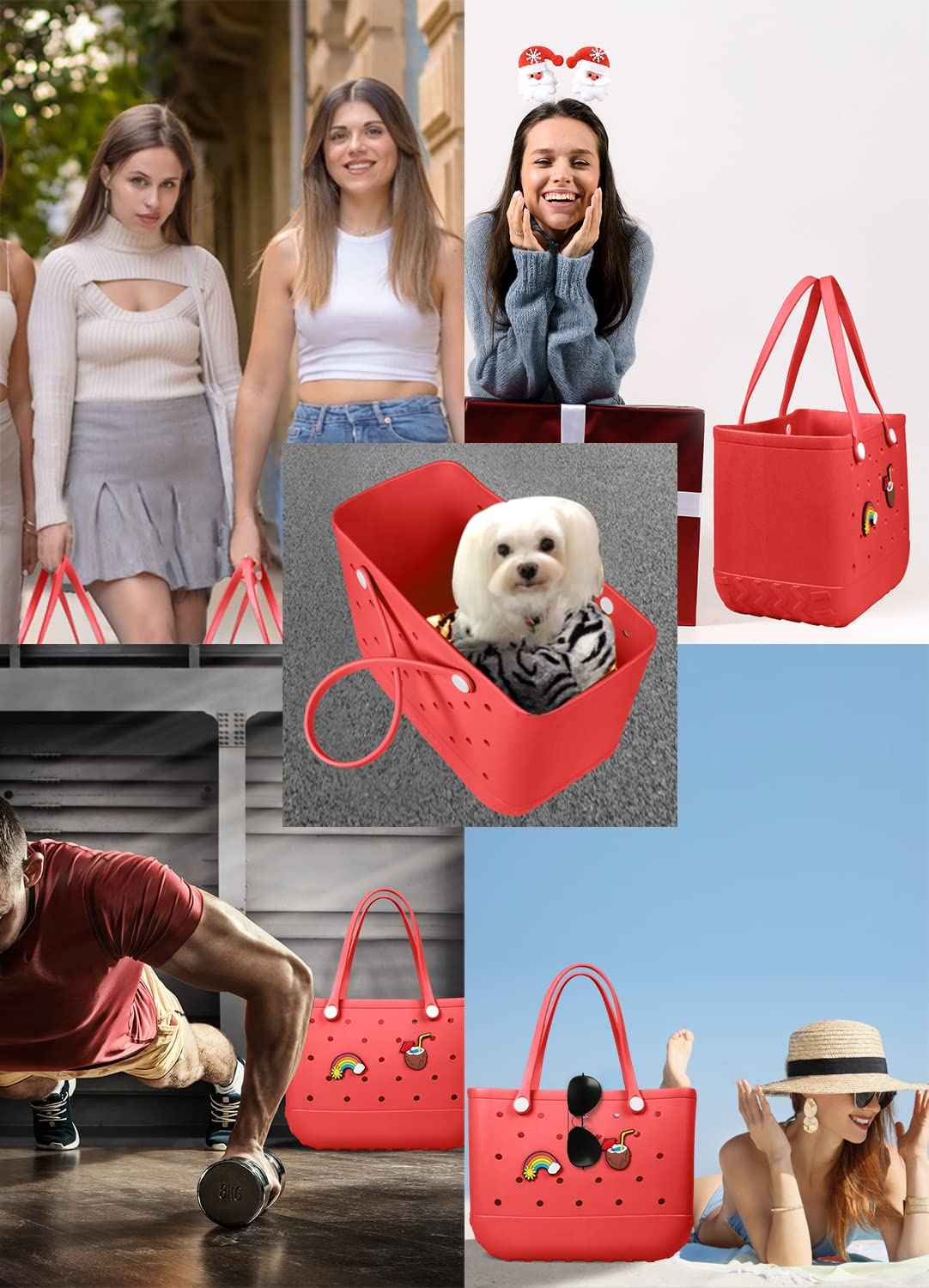 EVA Beach Tote Bag for Swimming, Pool & Travel – Waterproof Washable Rubber Handbag with 2 Random Charms, Lightweight & Sand-Resistant (Red)  | Other Colors Available in Store
