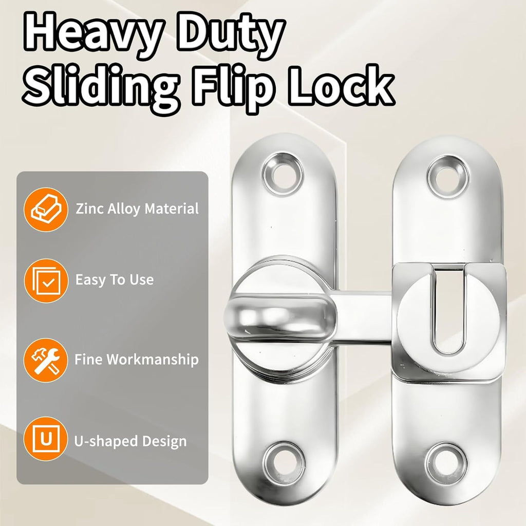 90/180 Degree Zinc Alloy Flip Lock for Barn & Sliding Doors – Heavy Duty Security Latch for Cabinets, Windows & Sheds (Silver)