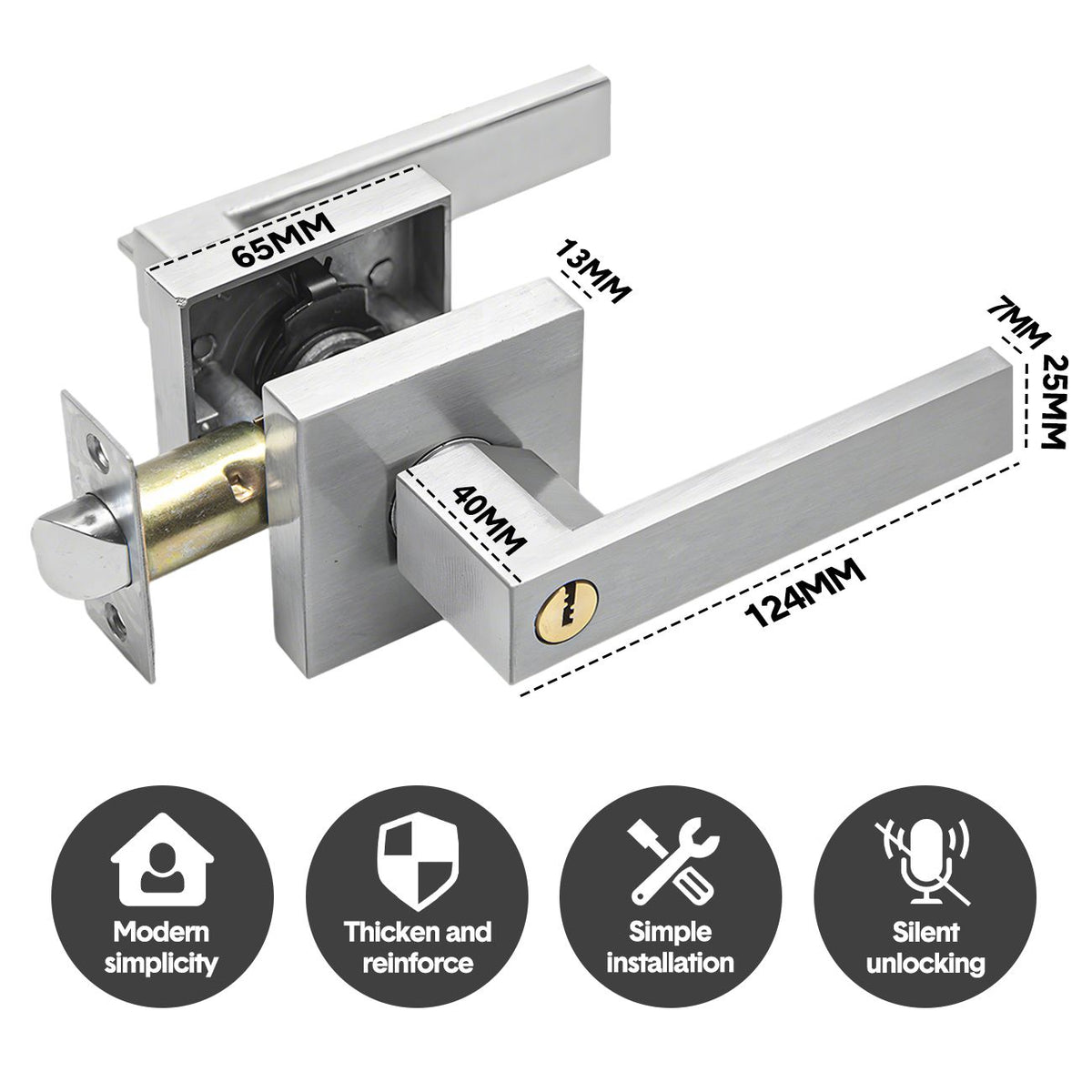 Privacy Door Lever Handle with Key, Heavy Duty Interior Door Lock, Adjustable Latch-Silver