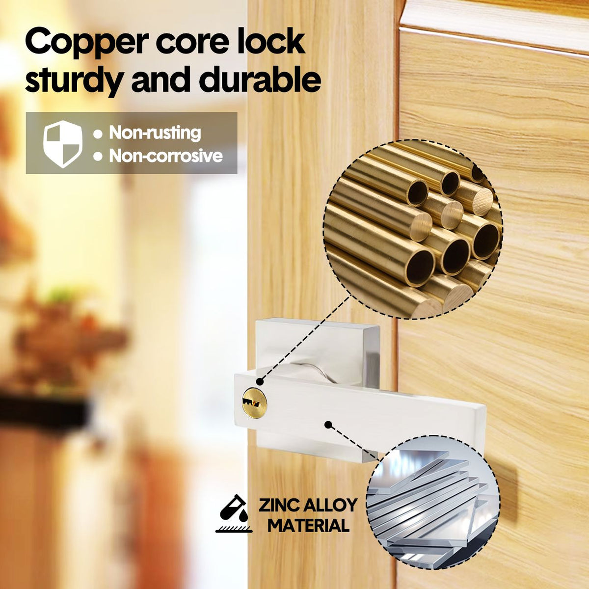 Privacy Door Lever Handle with Key, Heavy Duty Interior Door Lock, Adjustable Latch-Silver