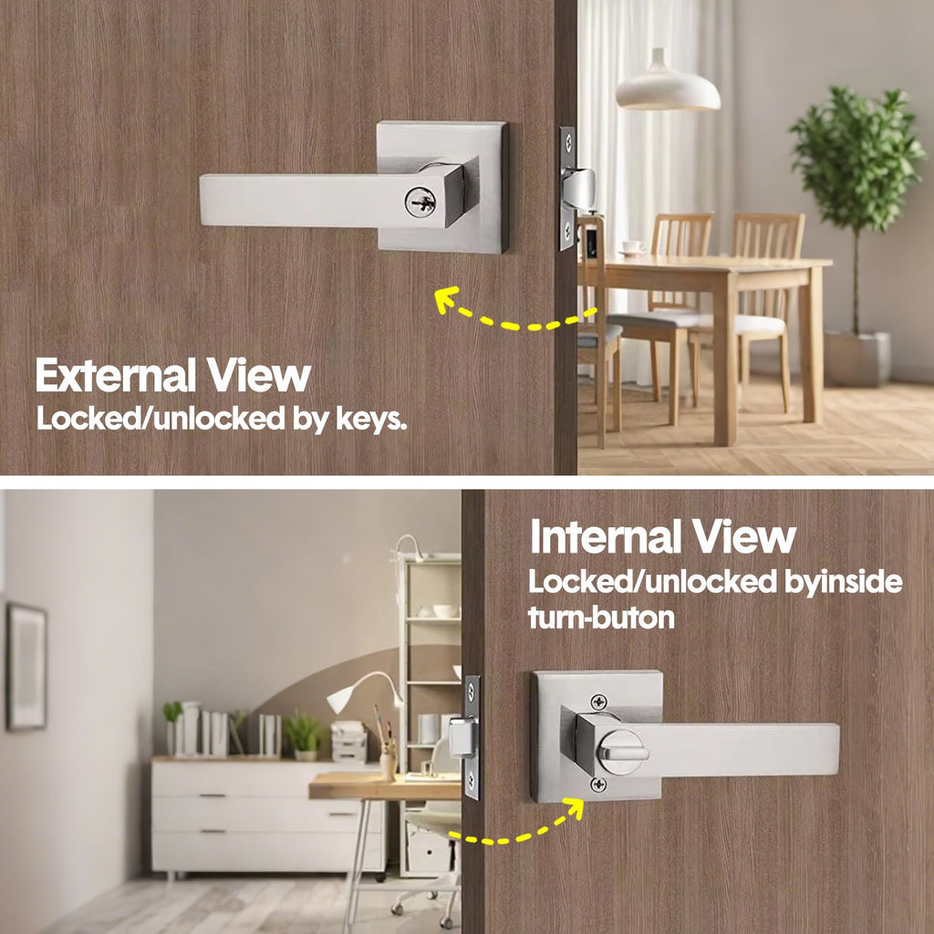 Privacy Door Lever Handle with Key, Heavy Duty Interior Door Lock, Adjustable Latch-Silver