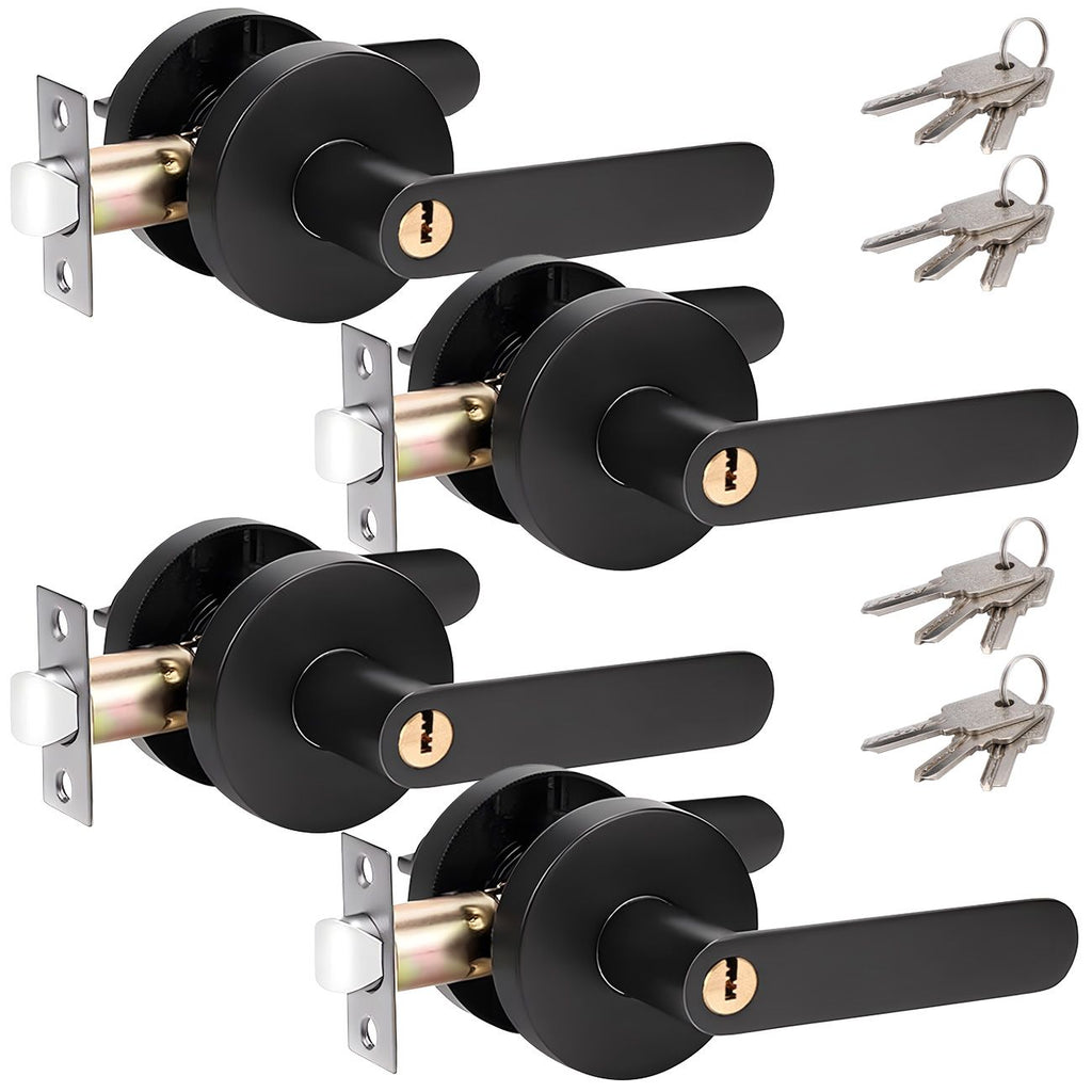 Privacy Door Lever Handle with Key, Heavy Duty Interior Door Lock, Round Design, 4 Pack, Matte Black