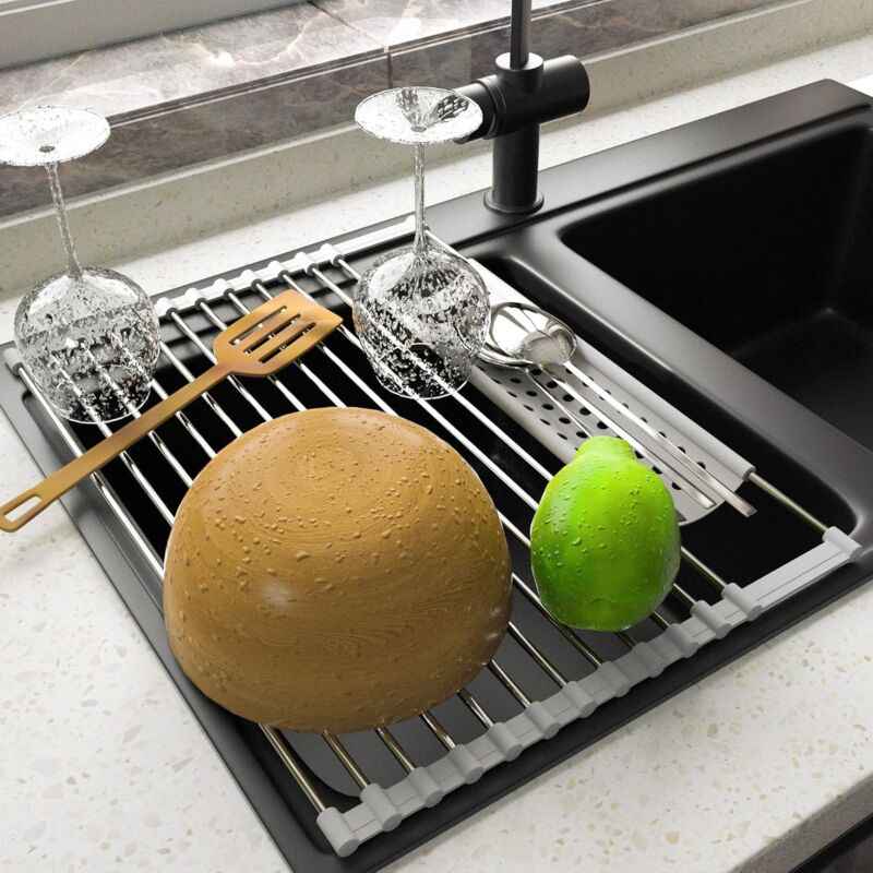 Stainless Steel Kitchen Dish Drainer Rack Foldable And Removable Stainless Steel ROller Drying Rack For Sink Draining