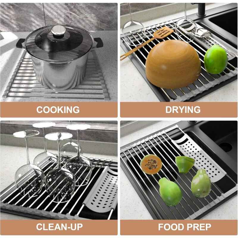 Stainless Steel Kitchen Dish Drainer Rack Foldable And Removable Stainless Steel ROller Drying Rack For Sink Draining