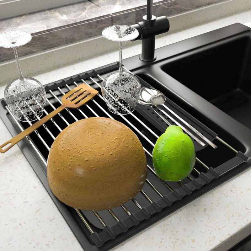 Stainless Steel Kitchen Dish Drainer Rack Foldable And Removable Stainless Steel ROller Drying Rack For Sink Draining