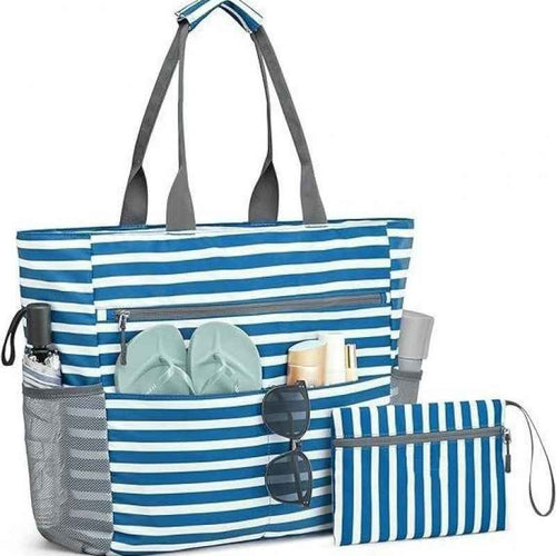 Blue Striped Beach Bag - Spacious Lightweight Tote for Travel, Pool & Summer Getaways