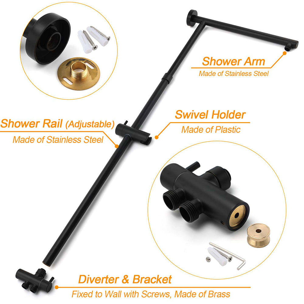 WELS Matt Black Dual 12" Round Shower Head Set Handheld Rail Wall Arm Elbow Inlet Twin Taps