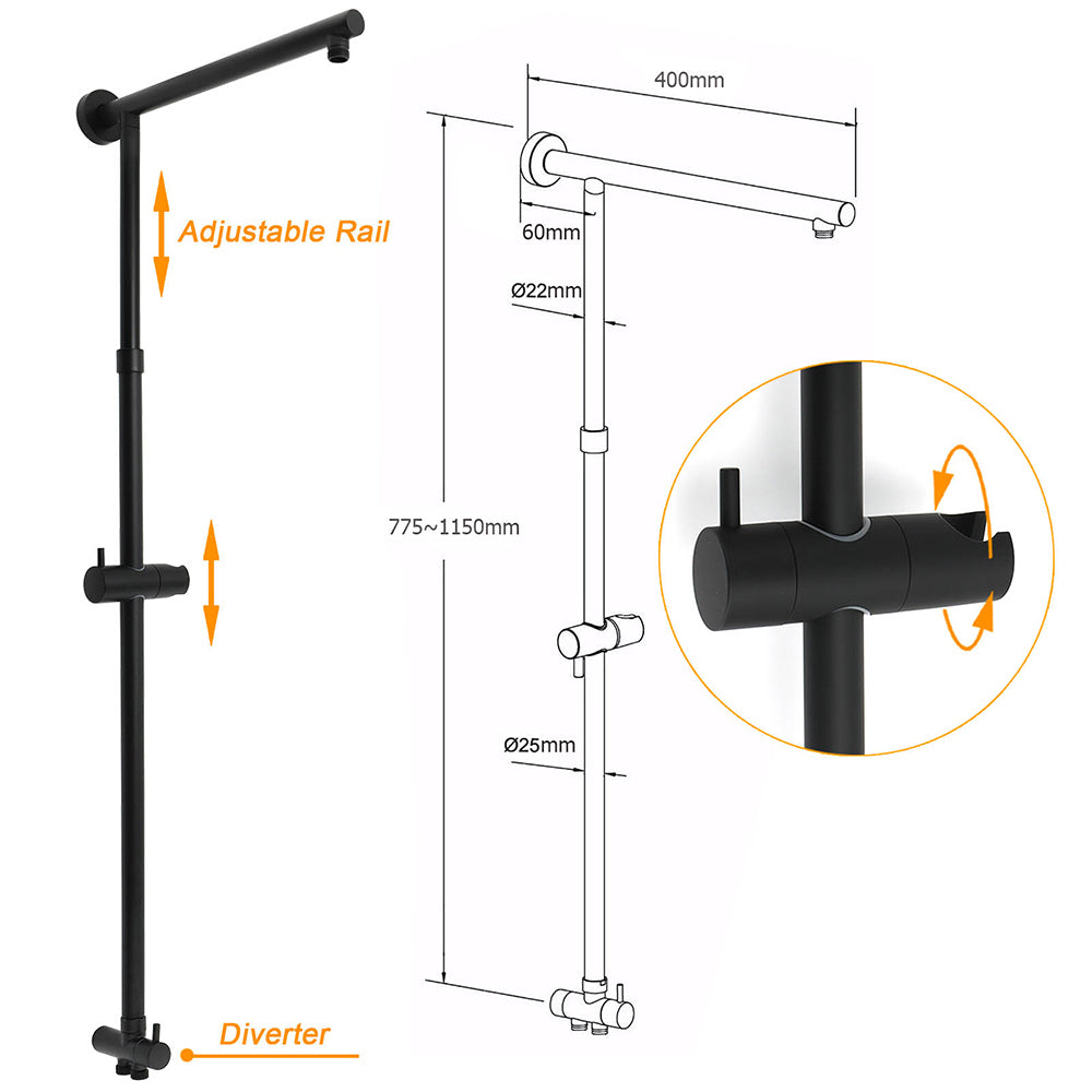 WELS Matt Black Twin Shower 8" Round Head Set Sliding Rail 3 Mode Handheld Rose