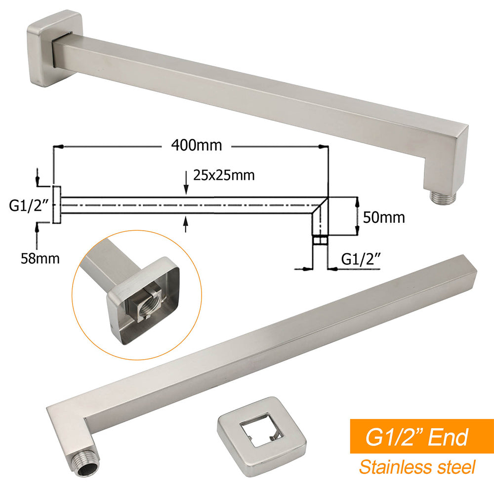 Brushed Nickel 8" Square Rainfall Shower Head + 400mm Straight Wall Mount Arm