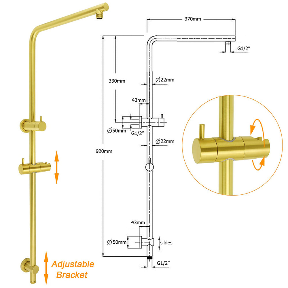 Brushed Gold Twin Shower Set Sliding Rail Arm 8" Round Head 3 Modes Handheld