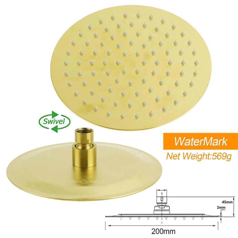 Brushed Gold Twin Shower Set Sliding Rail Arm 8" Round Head 3 Modes Handheld