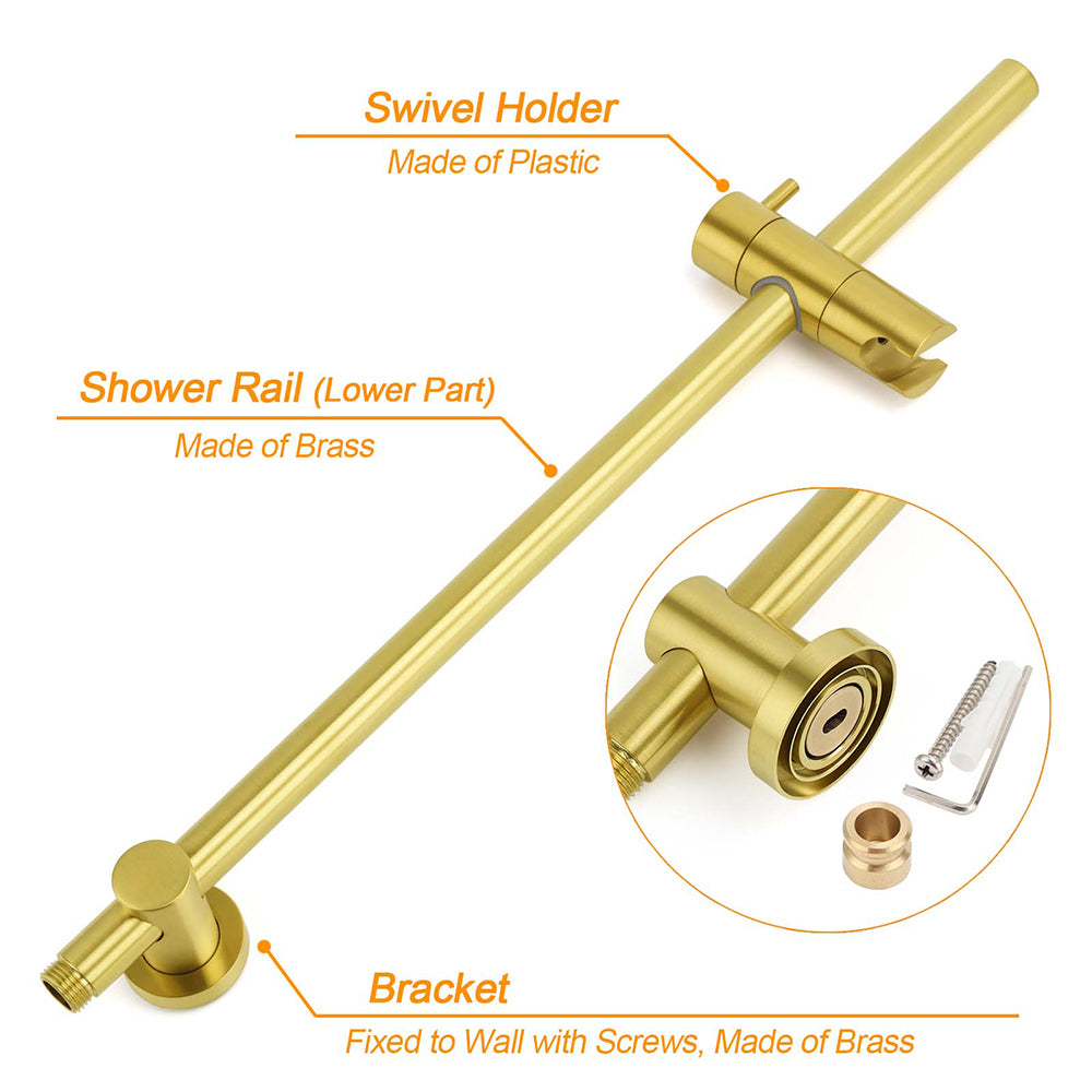 Brushed Gold Twin Shower Set 8" Round Head 3 Modes Handheld Sliding Rail Arm + Mixer