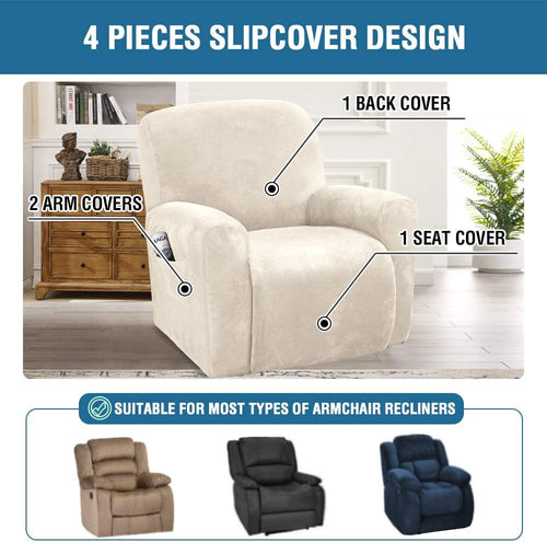 Velvet Stretch Recliner Couch Covers 4-Pieces Style Recliner Chair Covers Recliner Cover for Reclining Chair Slipcovers Feature Non Slip Form Fitted Thick Soft Washable, Ivory