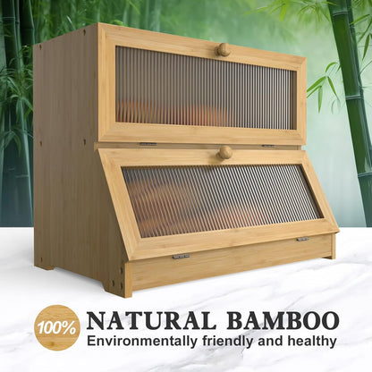 Double Layer Bamboo Bread Box for Kitchen Counter with Large Capacity and Clear Window