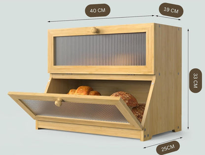 Double Layer Bamboo Bread Box for Kitchen Counter with Large Capacity and Clear Window