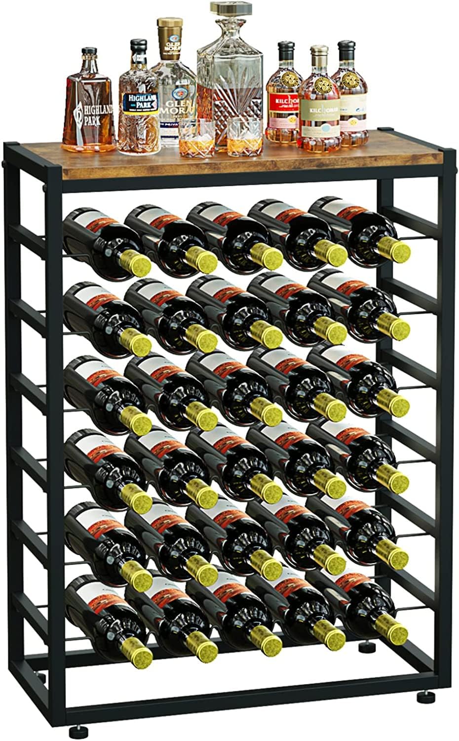 6-Tier Freestanding Wine Rack for 30 Bottles with Wood Countertop and Sturdy Metal Frame