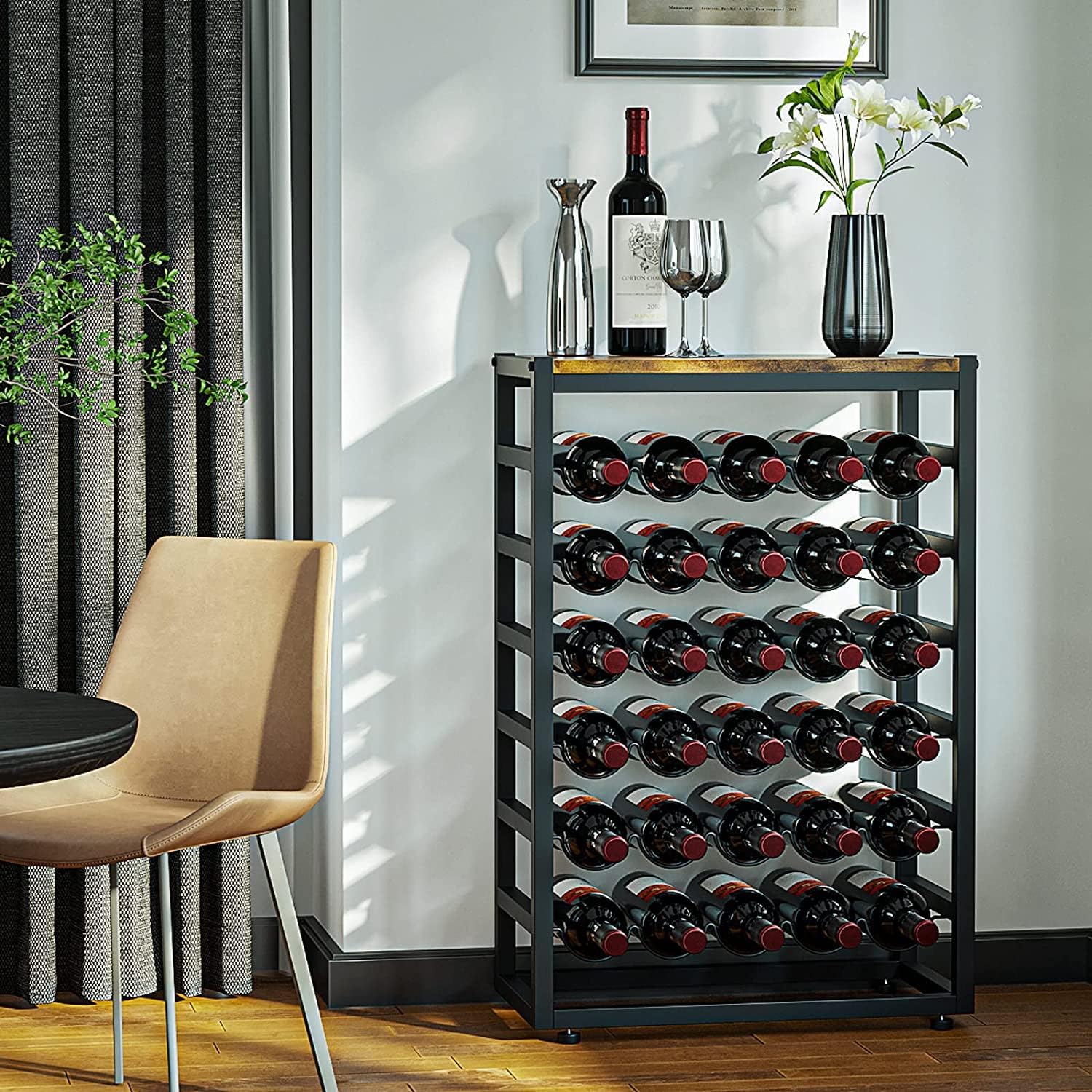 6-Tier Freestanding Wine Rack for 30 Bottles with Wood Countertop and Sturdy Metal Frame