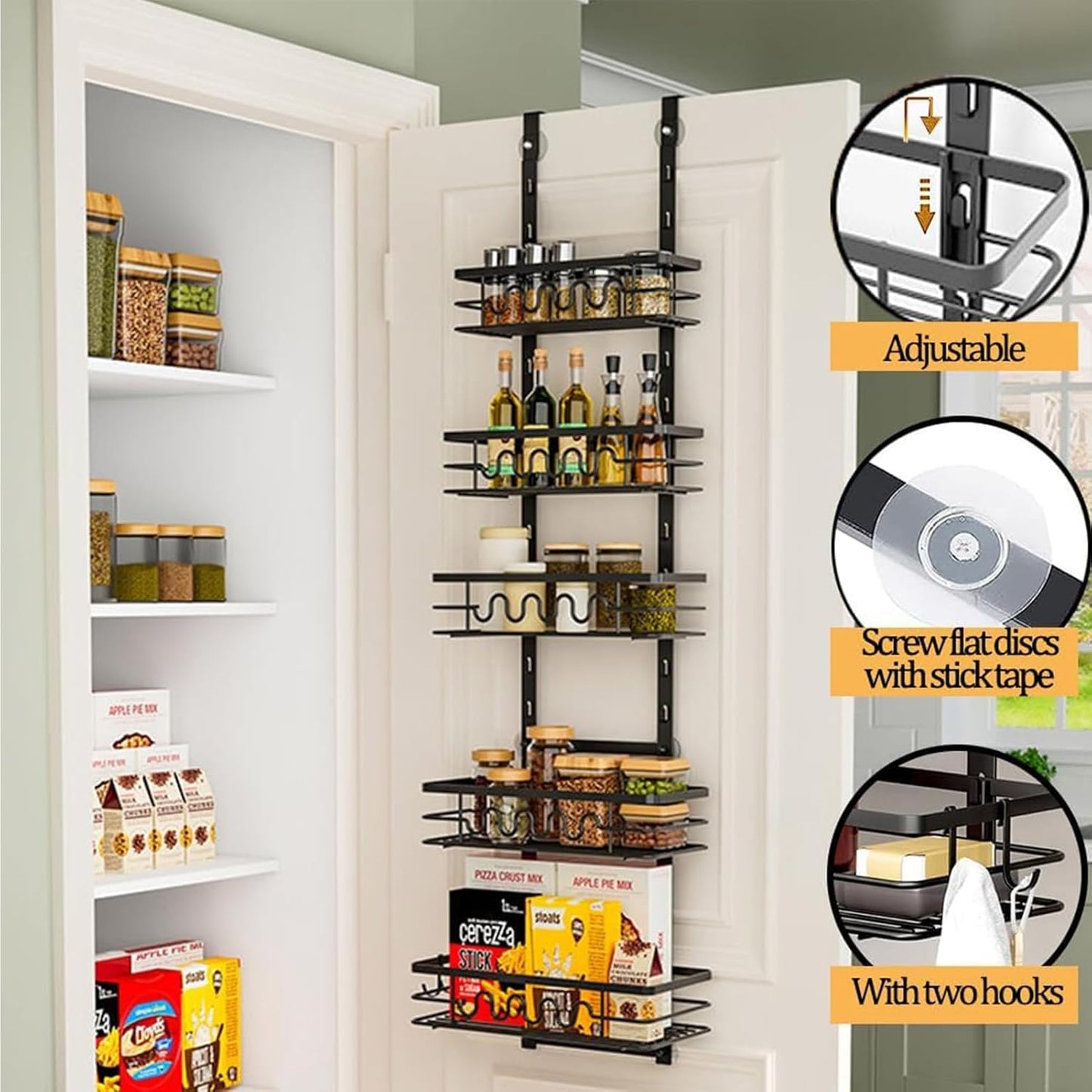 4 Tier Adjustable Baskets Over Door Pantry Organiser for Home Kitchen