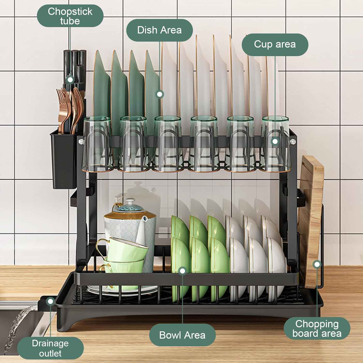 CARLA HOME 2-Tier Dish Drying Rack with Drainage Tray, Utensil Holder, Cup Hooks & Cutting Board Slot for Countertop Kitchen Storage (Black)