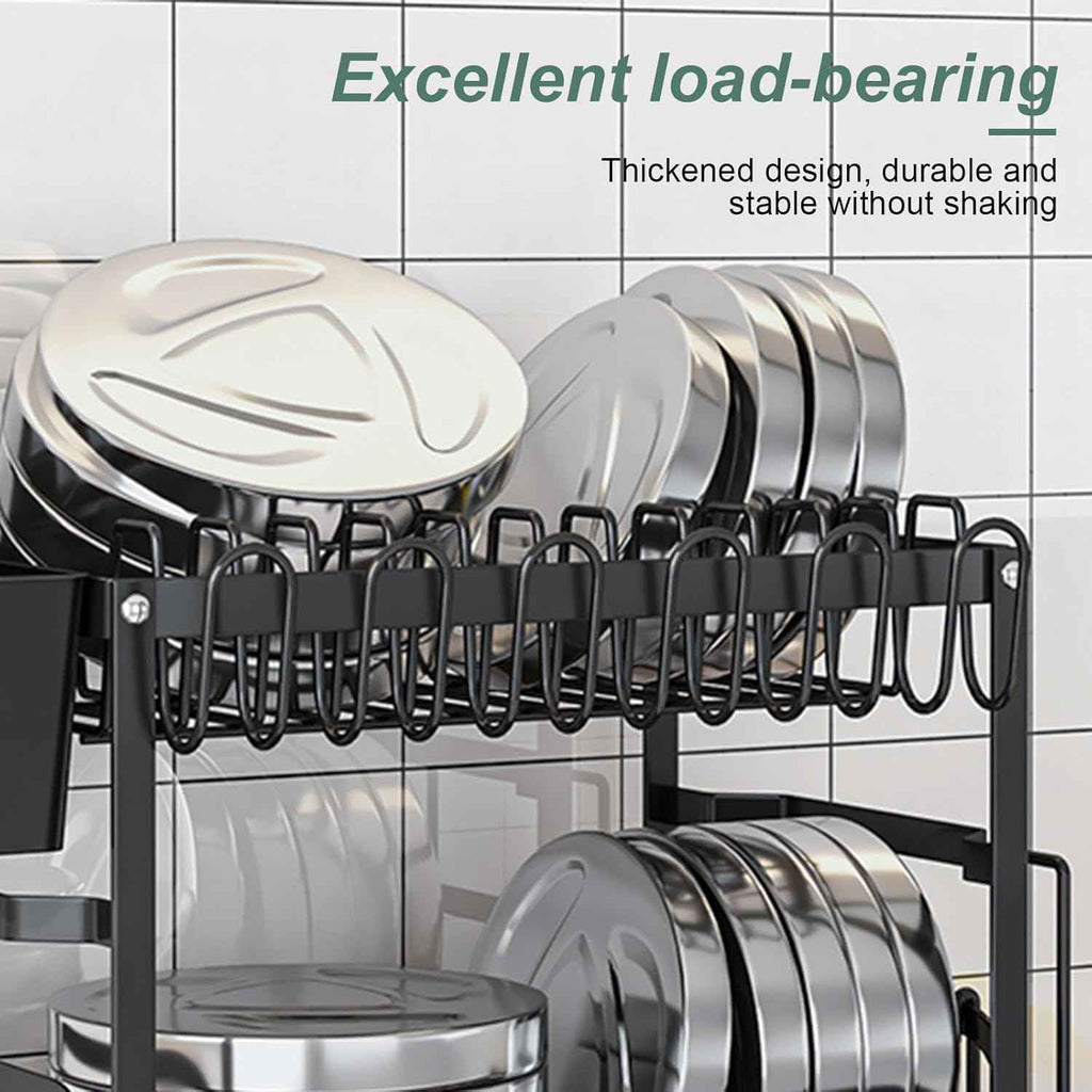 CARLA HOME 2-Tier Dish Drying Rack with Drainage Tray, Utensil Holder, Cup Hooks & Cutting Board Slot for Countertop Kitchen Storage (Black)