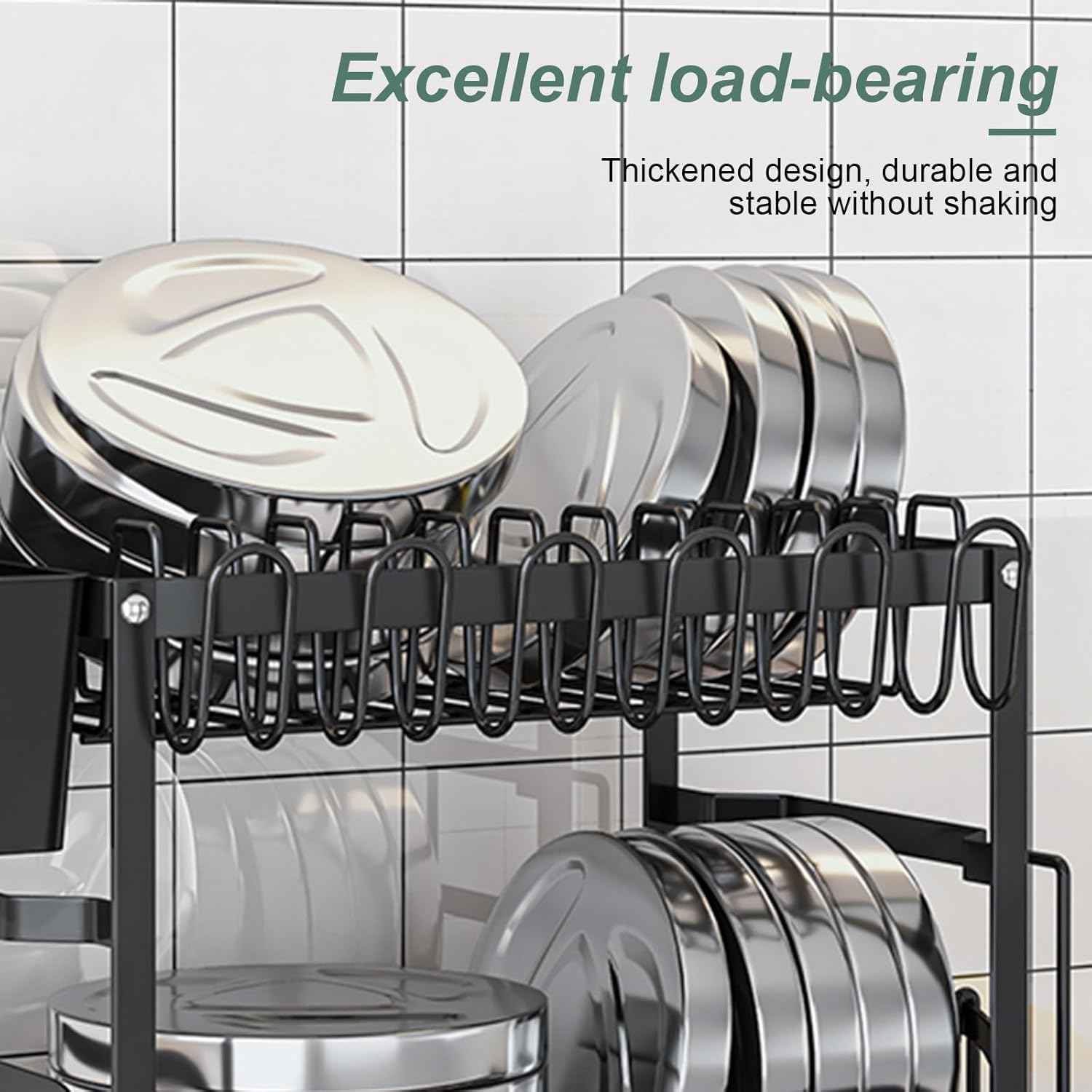 CARLA HOME 2-Tier Dish Drying Rack with Drainage Tray, Utensil Holder, Cup Hooks & Cutting Board Slot for Countertop Kitchen Storage (Black)