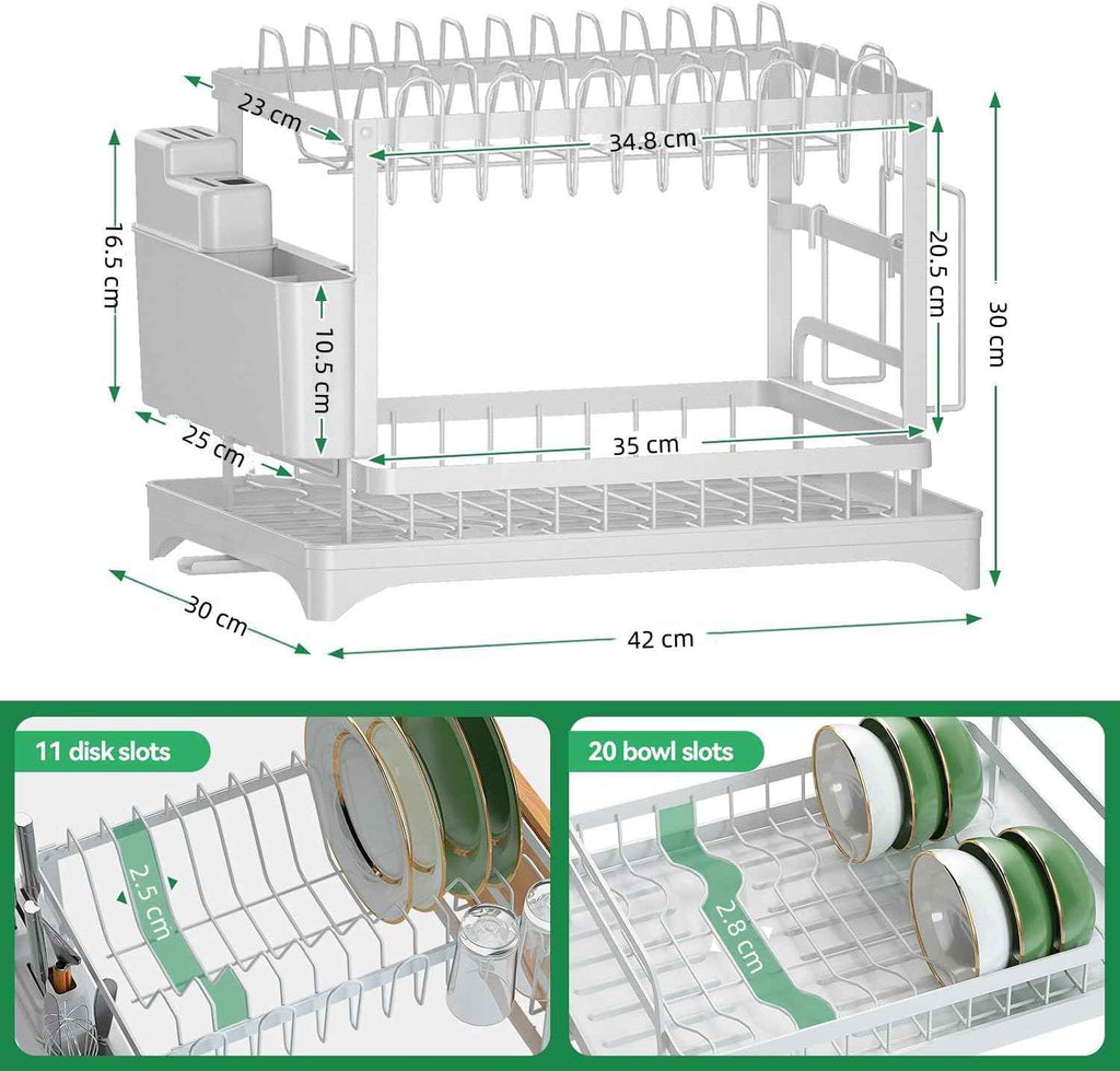 CARLA HOME 2-Tier Dish Drying Rack with Drainage Tray, Utensil Holder, Cup Hooks & Cutting Board Slot for Countertop Kitchen Storage (White)