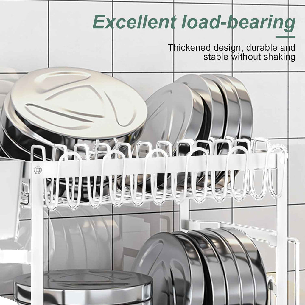 CARLA HOME 2-Tier Dish Drying Rack with Drainage Tray, Utensil Holder, Cup Hooks & Cutting Board Slot for Countertop Kitchen Storage (White)