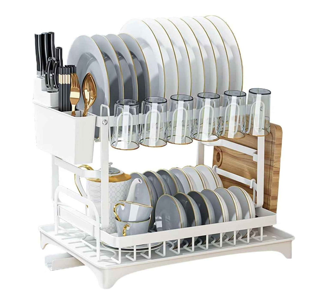 CARLA HOME 2-Tier Dish Drying Rack with Drainage Tray, Utensil Holder, Cup Hooks & Cutting Board Slot for Countertop Kitchen Storage (White)