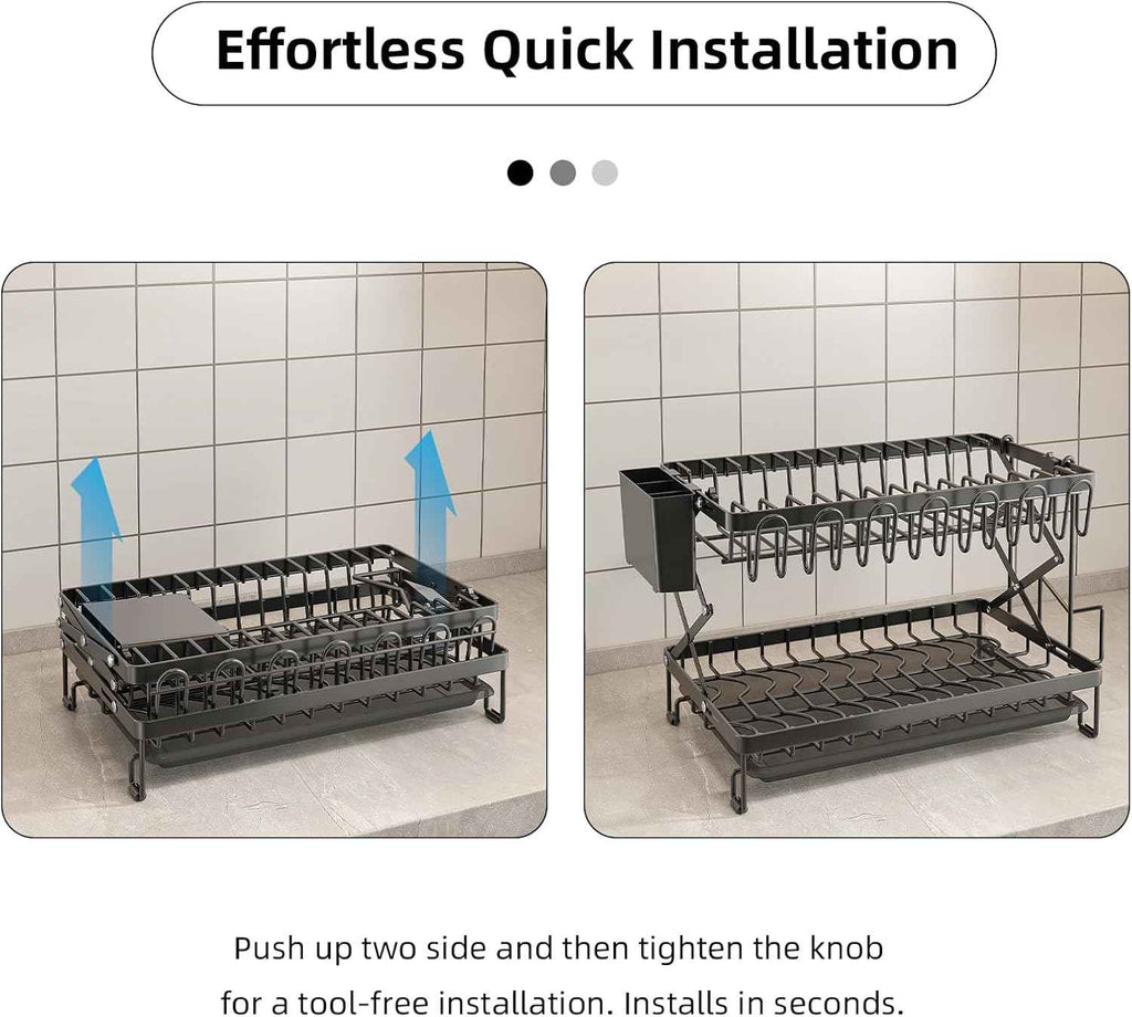 CARLA HOME 2-Tier Dish Drying Rack with Drainage Tray, Utensil Holder, Cup Hooks & Cutting Board Rack for Kitchen (Black)