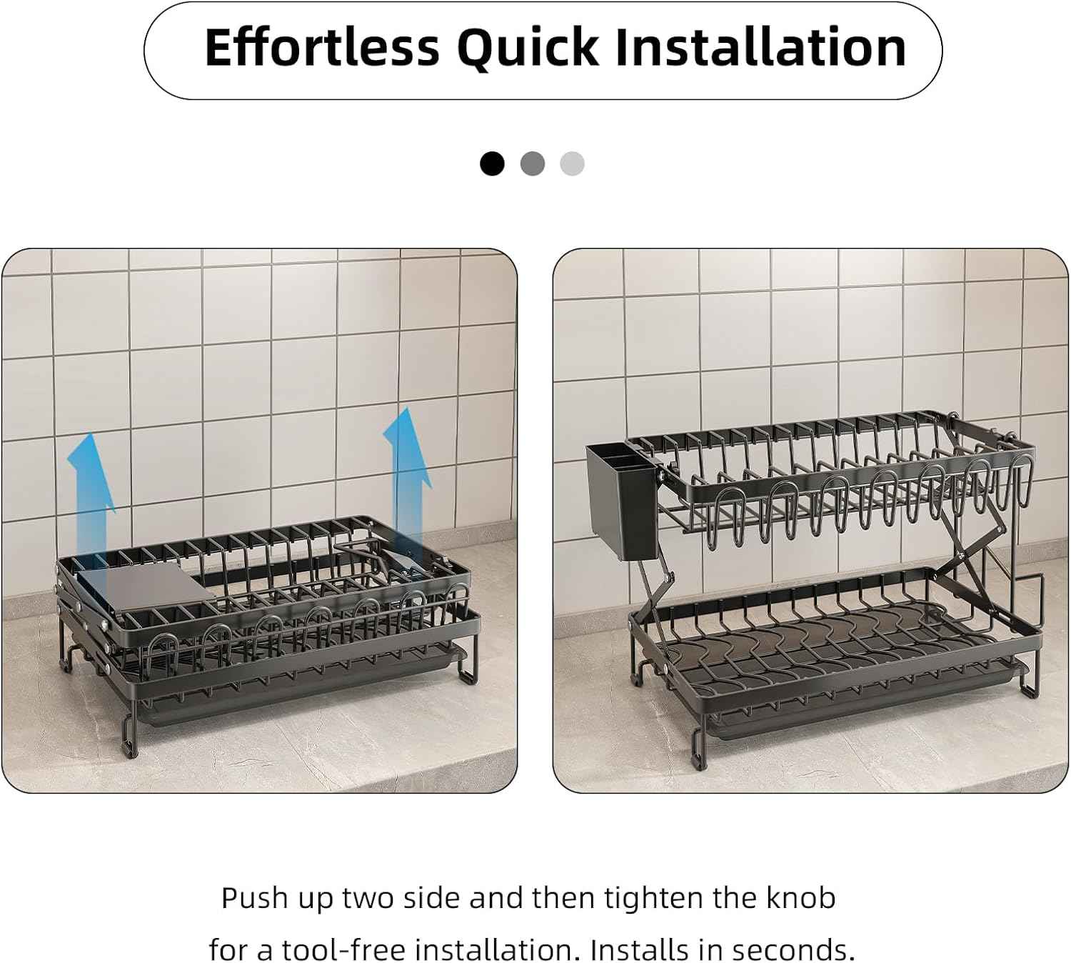 CARLA HOME 2-Tier Dish Drying Rack with Drainage Tray, Utensil Holder, Cup Hooks & Cutting Board Rack for Kitchen (Black)