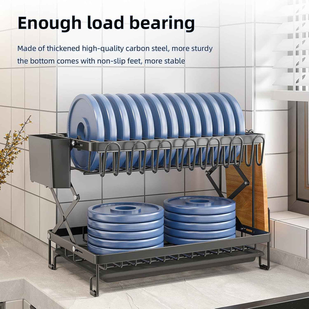 CARLA HOME 2-Tier Dish Drying Rack with Drainage Tray, Utensil Holder, Cup Hooks & Cutting Board Rack for Kitchen (Black)