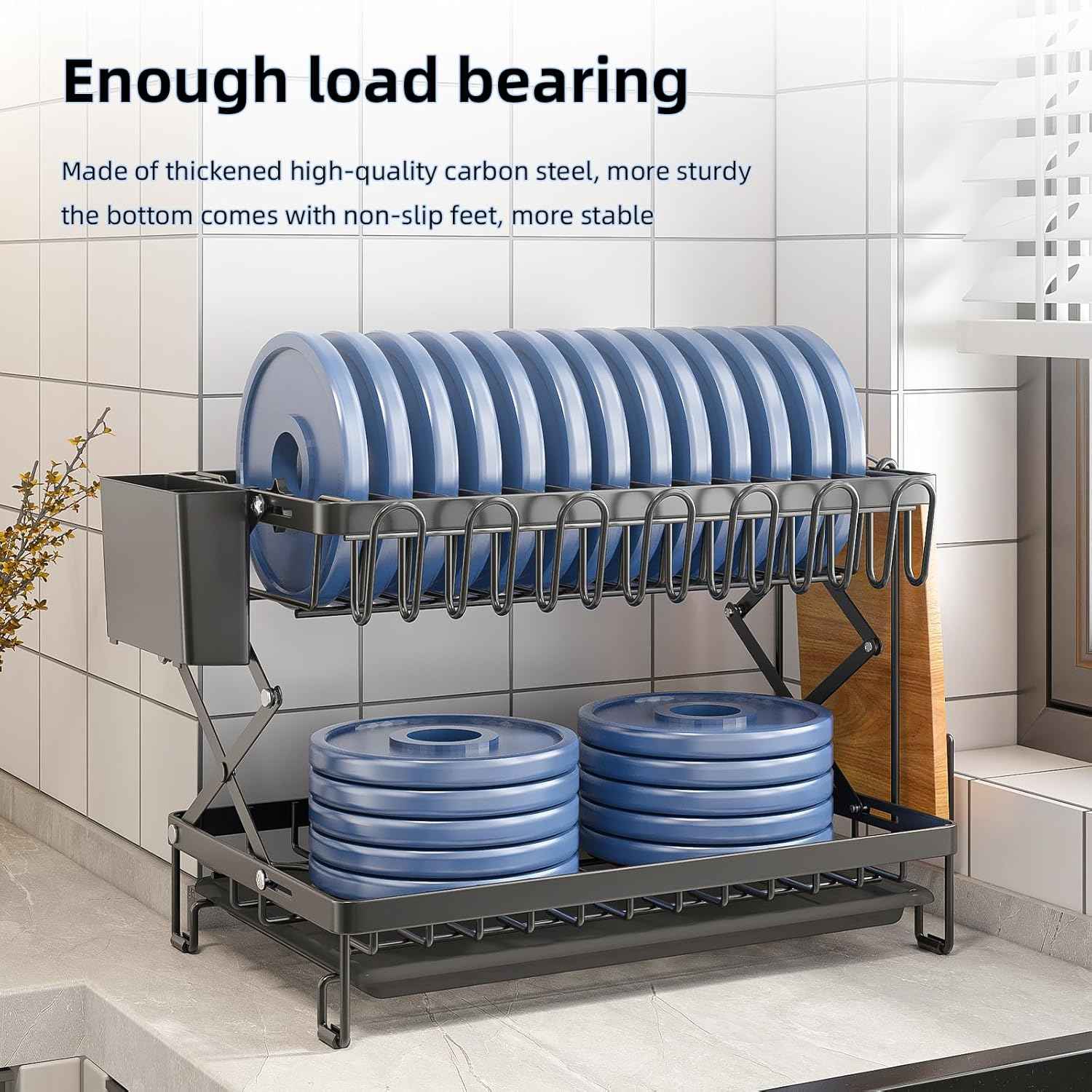CARLA HOME 2-Tier Dish Drying Rack with Drainage Tray, Utensil Holder, Cup Hooks & Cutting Board Rack for Kitchen (Black)