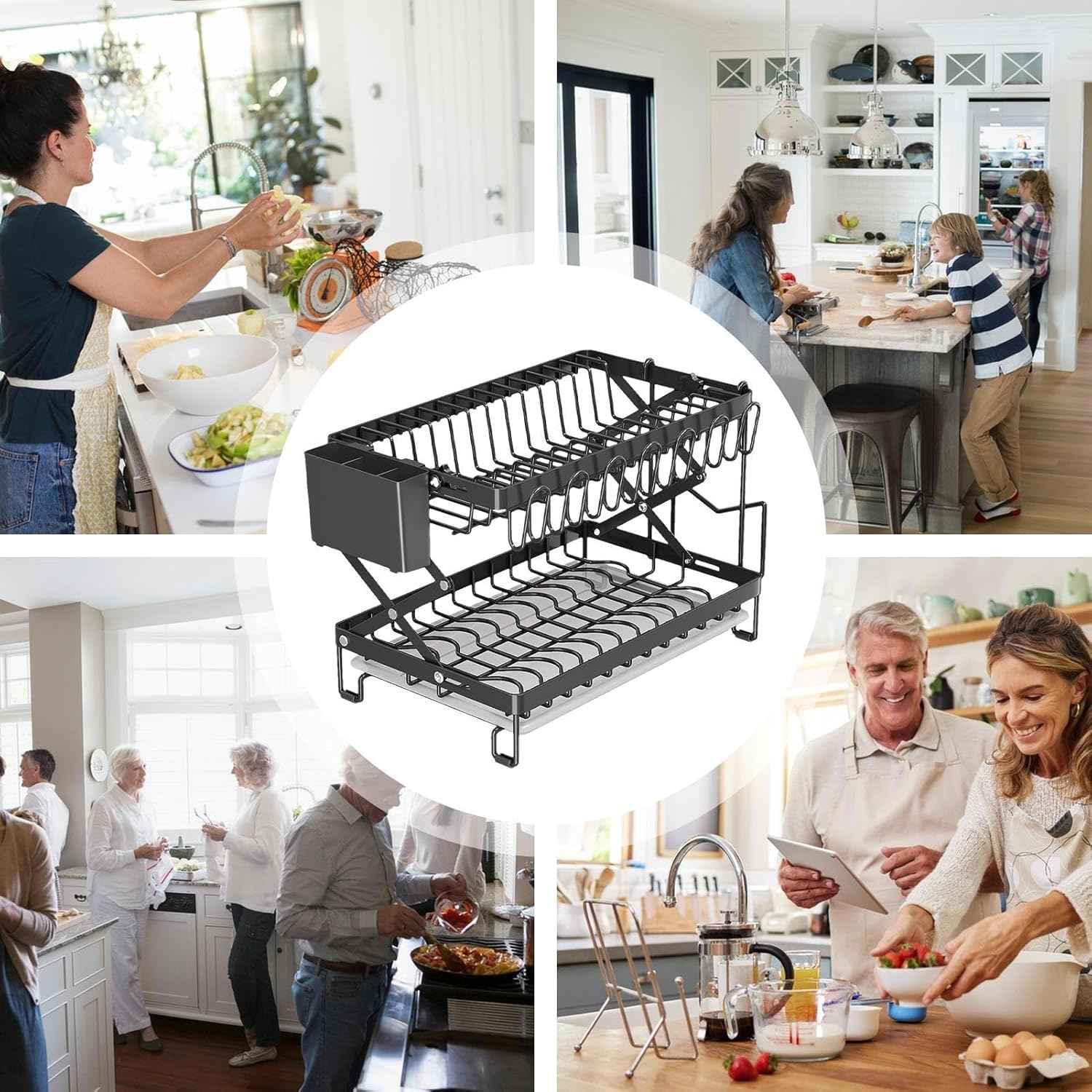 CARLA HOME 2-Tier Dish Drying Rack with Drainage Tray, Utensil Holder, Cup Hooks & Cutting Board Rack for Kitchen (Black)