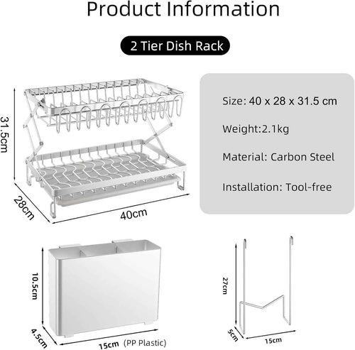 CARLA HOME 2-Tier Dish Drying Rack with Drainage Tray, Utensil Holder, Cup Hooks & Cutting Board Rack for Kitchen (White)