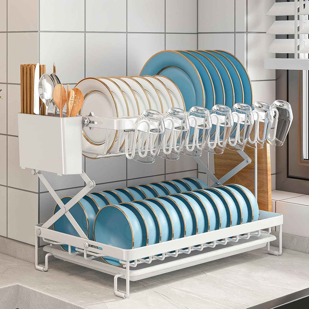 CARLA HOME 2-Tier Dish Drying Rack with Drainage Tray, Utensil Holder, Cup Hooks & Cutting Board Rack for Kitchen (White)