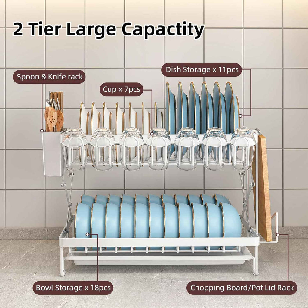 CARLA HOME 2-Tier Dish Drying Rack with Drainage Tray, Utensil Holder, Cup Hooks & Cutting Board Rack for Kitchen (White)