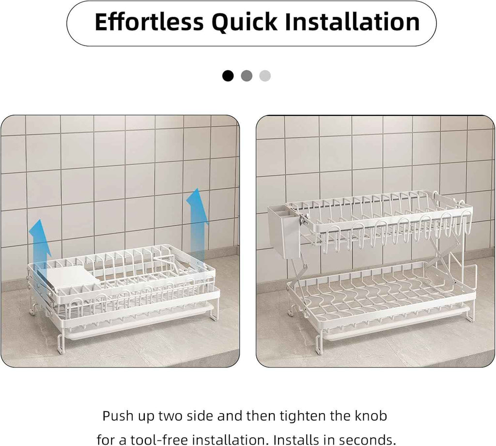 CARLA HOME 2-Tier Dish Drying Rack with Drainage Tray, Utensil Holder, Cup Hooks & Cutting Board Rack for Kitchen (White)