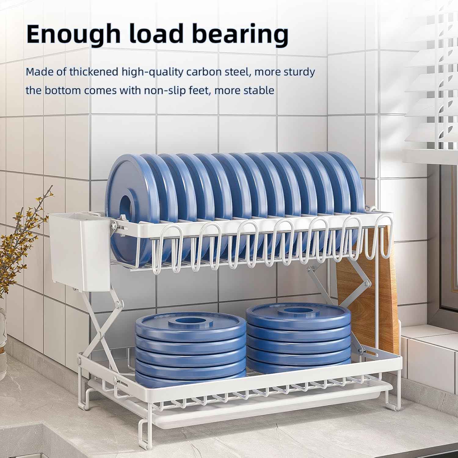 CARLA HOME 2-Tier Dish Drying Rack with Drainage Tray, Utensil Holder, Cup Hooks & Cutting Board Rack for Kitchen (White)