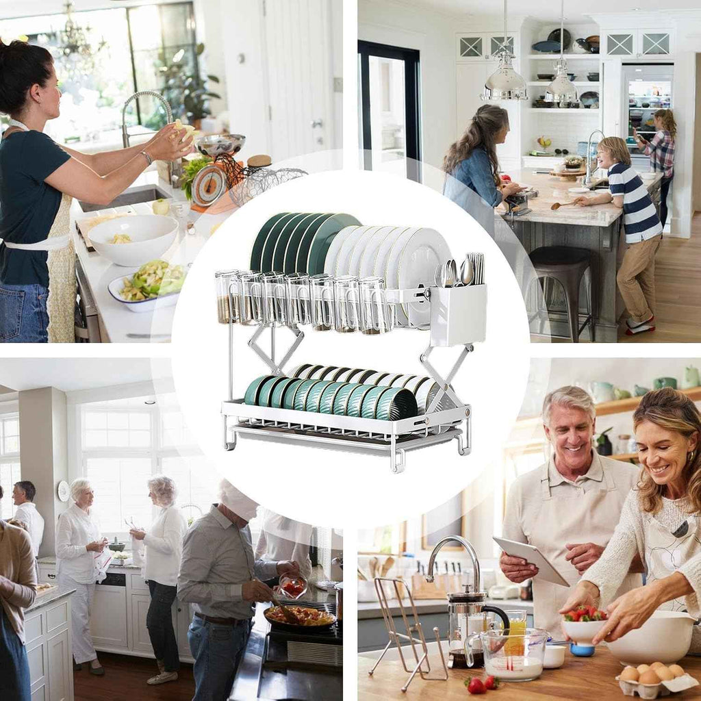 CARLA HOME 2-Tier Dish Drying Rack with Drainage Tray, Utensil Holder, Cup Hooks & Cutting Board Rack for Kitchen (White)