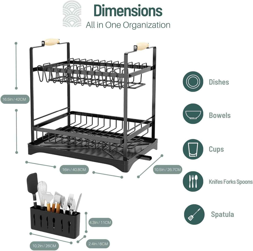 CARLA HOME 2-Tier Large Dish Drying Rack with Drainboard, Utensil Holder, Glass Hooks & Cutlery Storage (Black)