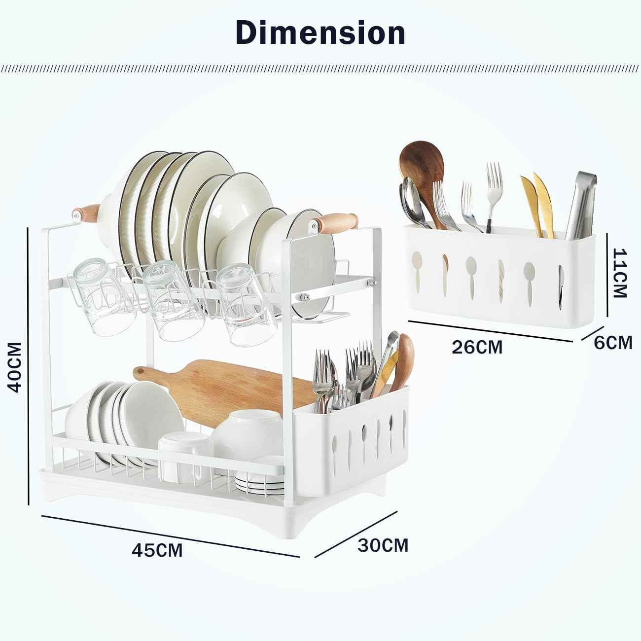 CARLA HOME 2-Tier Large Dish Drying Rack with Drainboard, Utensil Holder, Glass Hooks & Cutlery Storage (White)